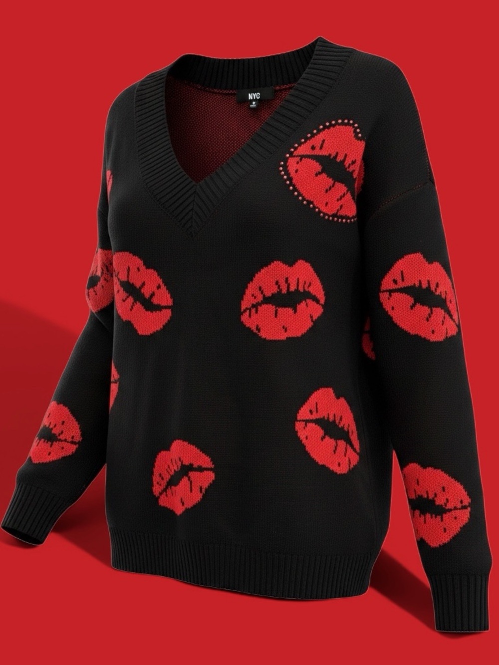 NYC Black V-Neck Sweater with Red Kiss Motif- Oversized- Size Medium